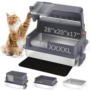 Enclosed XXXXL Stainless Steel Litter Box, 28" L x 20" W x 17" H, Side Entry Extra Large Metal Cat Litter Box with Lid for Big & Multiple Cats, Removable Enclosure, Anti-Leakage, Easy to Clean