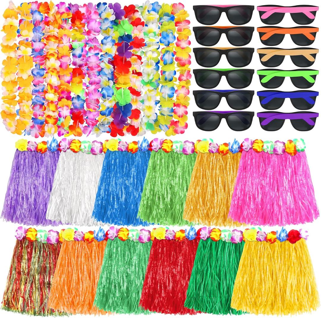 Aodaer 36 Pieces Hawaiian Party Decorations Set Include Luau Grass Skirts Leis Necklace and Neon Sunglasses Tropical Flower Garlands for Beach Pool Party Supplies