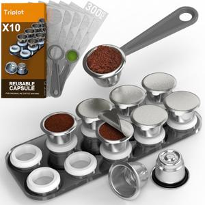Triplot10pcs Reusable N*espresso Original Line Compatible Coffee Capsules with Storage Tray, 10Pods with 300pcs Foil Lids, Pre-fill Design