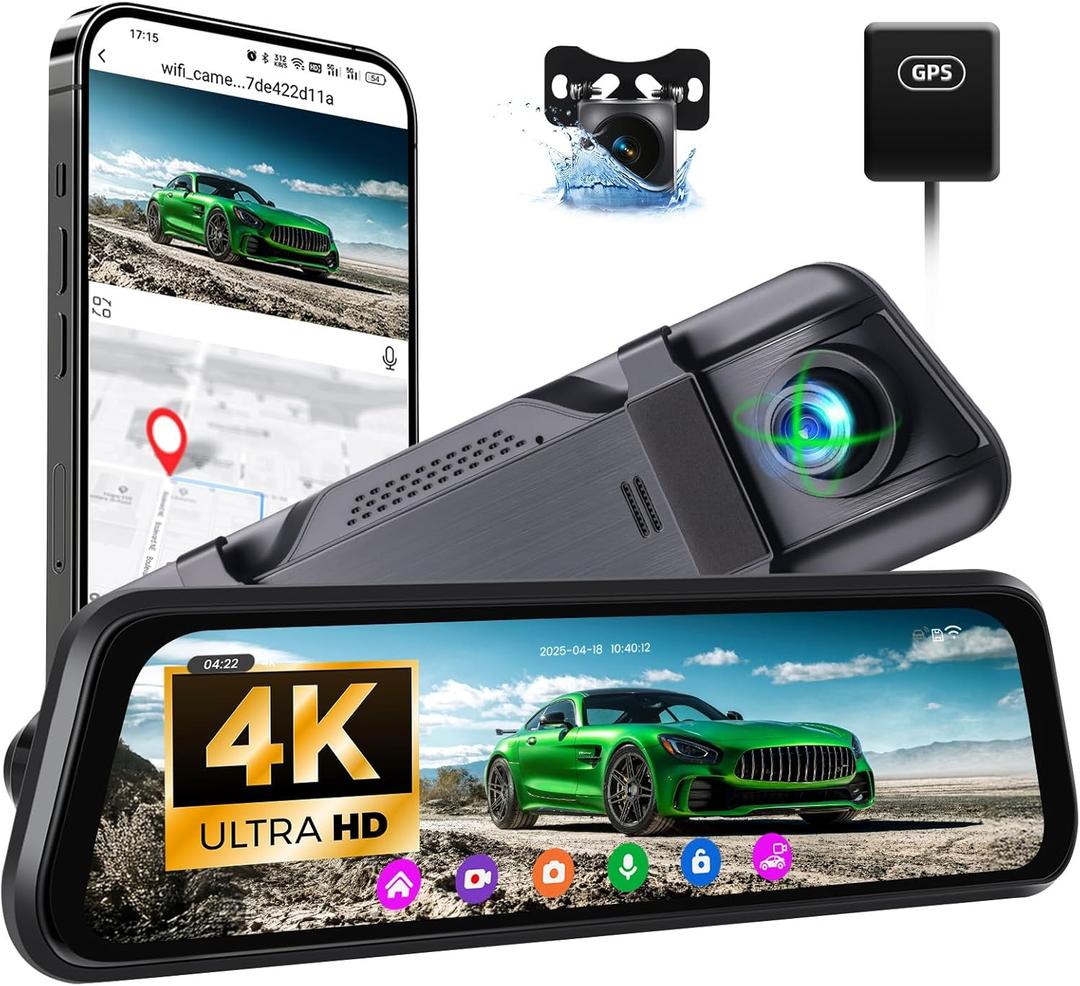 CAMECHO 9.66" 4K Mirror Dash Cam with ADAS, BSD and LCA, Rear View Mirror Camera with WiFi and GPS, Touch Screen Rearview Mirror Backup Camera, Night Vision, G-Sensor, Reverse Assist