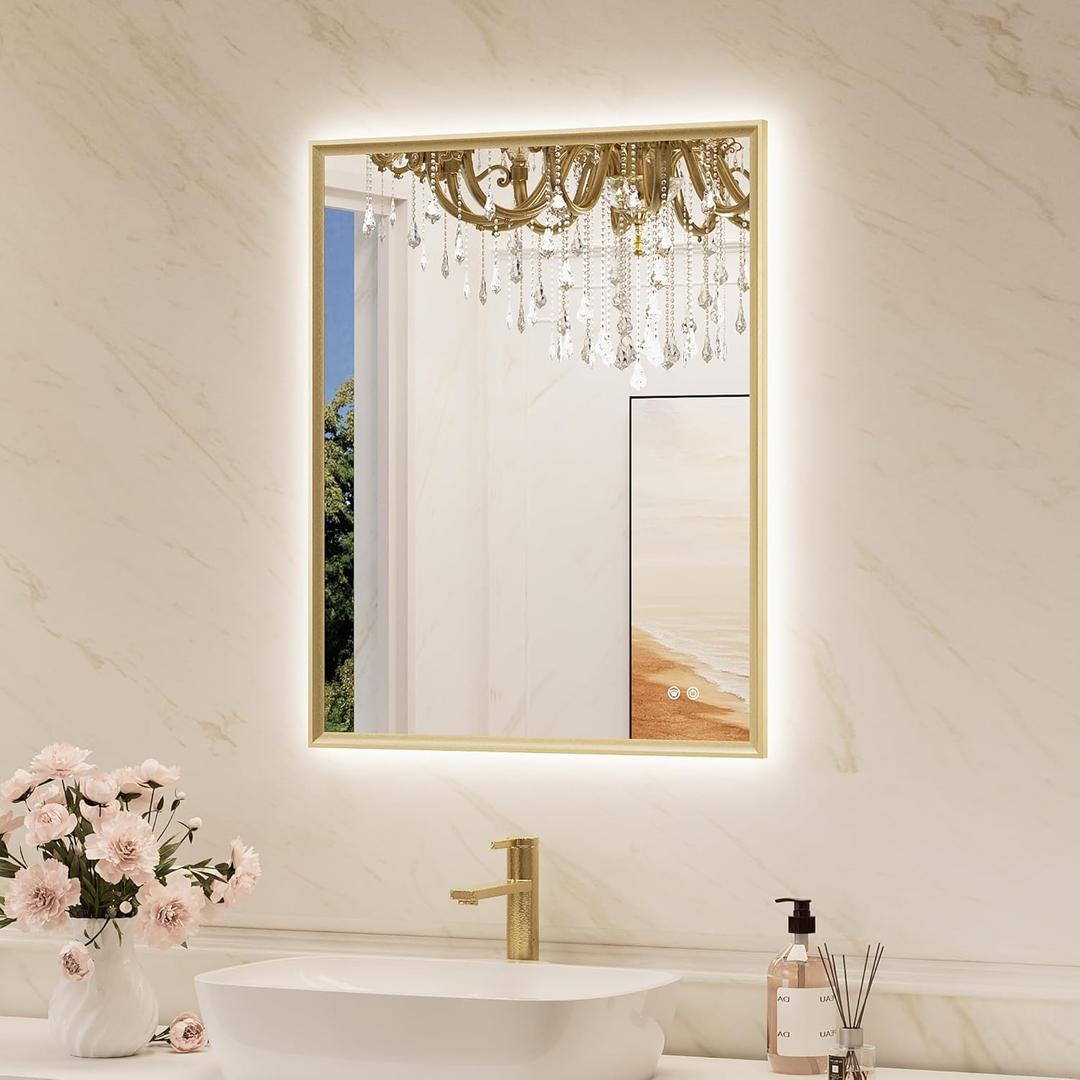 TokeShimi 24"x 30" Bathroom Mirror Backlit with Gold Frame, Dimmable Backlight LED Lighted Vanity Mirror with Shatter-Proof, Memory, 3 Colors, Anti-Fog Mirror with HD Tempered Glass