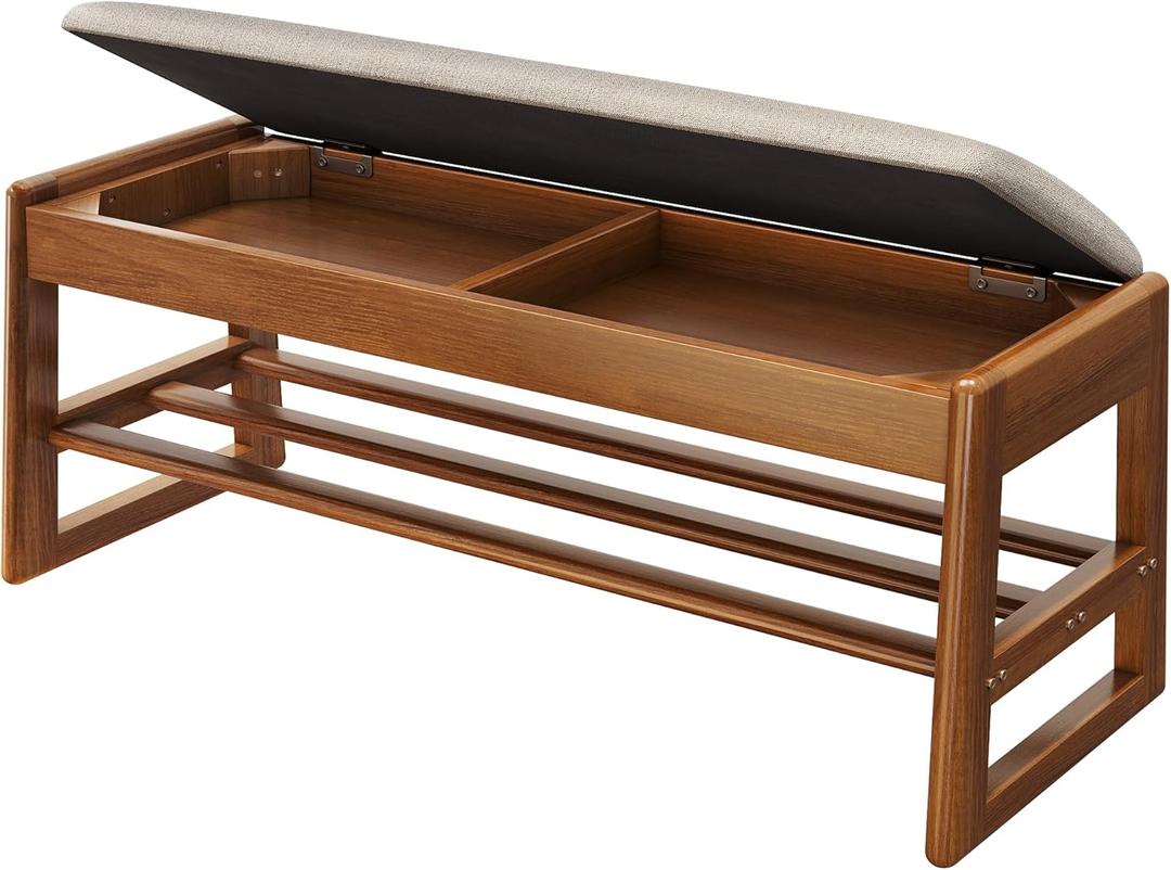 Shoe Rack Bench with Cotton-Linen Cushion 2-Tier Wooden Storage Bench 550lbs Compact Simple & Modern Design for Entryway, Hallway, Bedroom, Living Room, Closet, Front Door Entrance, Foyer (39.37inch)