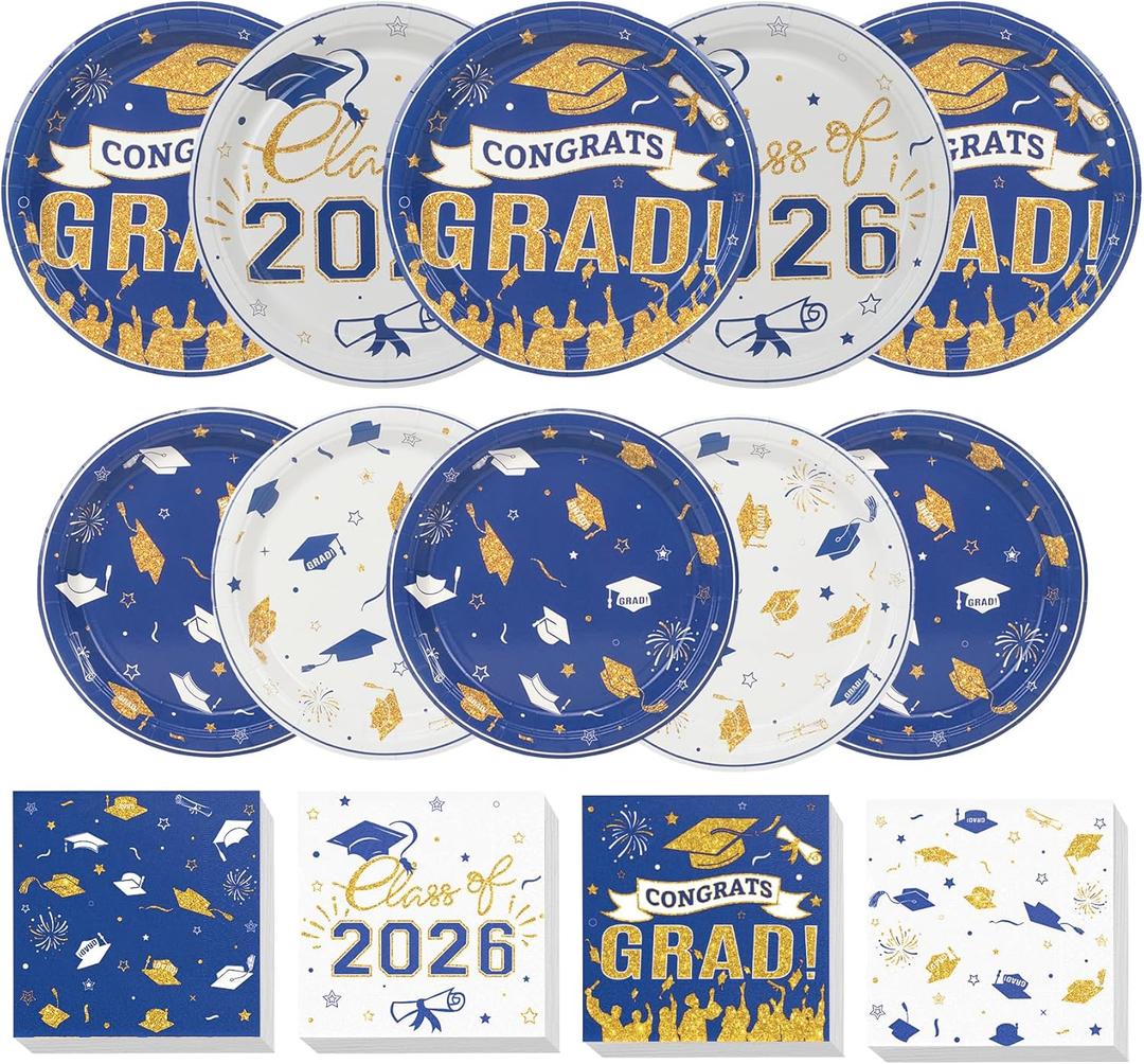 200Pcs Graduation Plates and Napkins 2026,Blue and Gold Graduation Decorations,Congrats Grad Plates Class Of 2026 Plates and Napkins for College High School Graduation Party, Serve 50