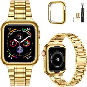 MioHHR Solid Stainless Steel Band Compatible with Apple Watch 38mm(Series 3/2/1) 40mm(Series SE/6/5/4) 41mm(Series 9/8/7) Metal Strap with Soft TPU Case for iWatch Bands for Women and Men, Gold
