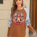 Graphic Shirts Women Pumpkin T Shirt Grateful Blessed Print Long Sleeve Blouse Leopard Striped Fall Tee (S)