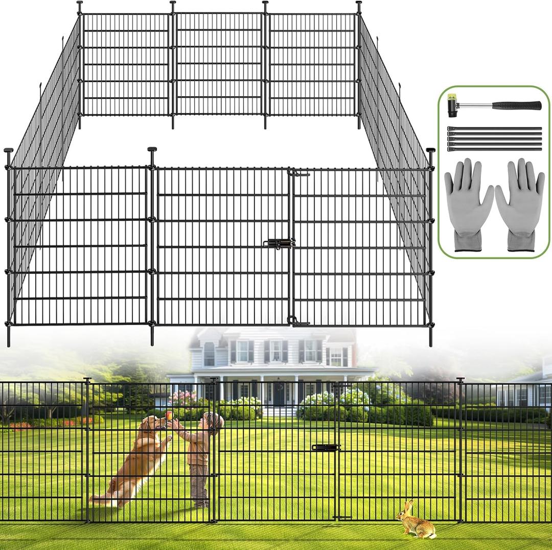 Garden Dog Fence Animal Barrier Outdoor for Yard 12 Panels with Gate 29ft(L) X 32in(H), Garden Fencing Includes Gloves, Hammer&Zip Ties, Rustproof Metal Temporary No Dig Fence Border for Dogs