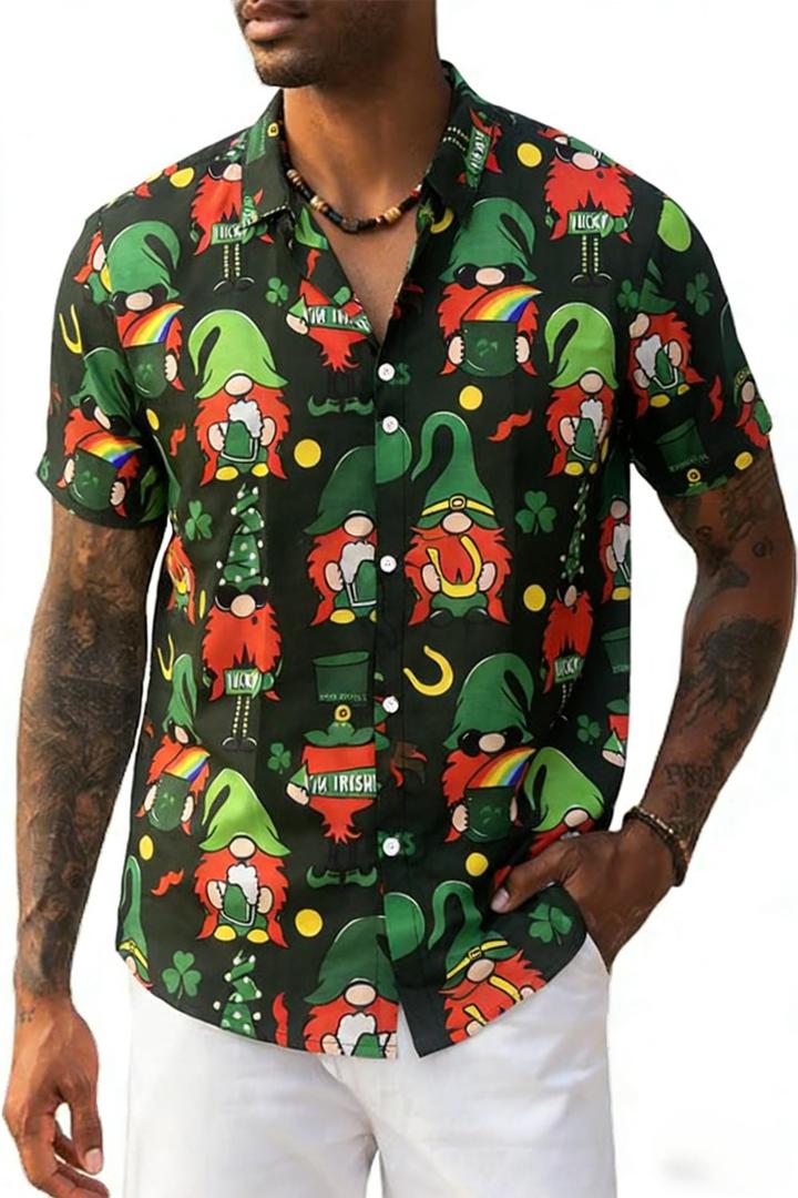 Cqinnifu Mens St Patricks Day Shirt,Short Sleeve St Patricks Day Hawaiian Shirts for Men (L)
