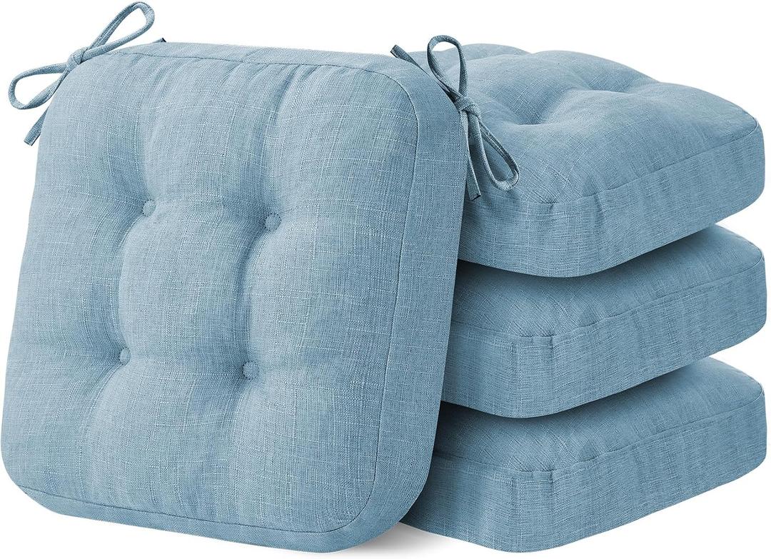 IASEAHK Chair Cushions for Dining Chairs, Dining Chair Cushions, Tufted Indoor Chair Pads with Ties & Non Slip Backing, Seat Cushions for Kitchen Chairs 16.5” x 16.5” x 3.5”, Set of 4, Light Blue