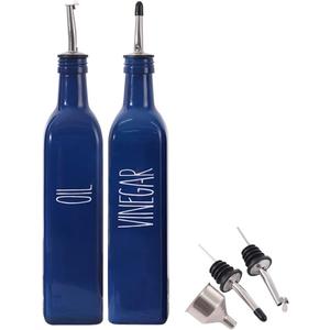 VICUKIE Glass Oil and Vinegar Dispenser Set For Kitchen, 17oz Glass Olive Oil Dispenser Bottle with Pour Spout, Farmhouse Olive Oil Dispenser Bottle For Kitchen, Unique Navy Blue Decor (2 blue)
