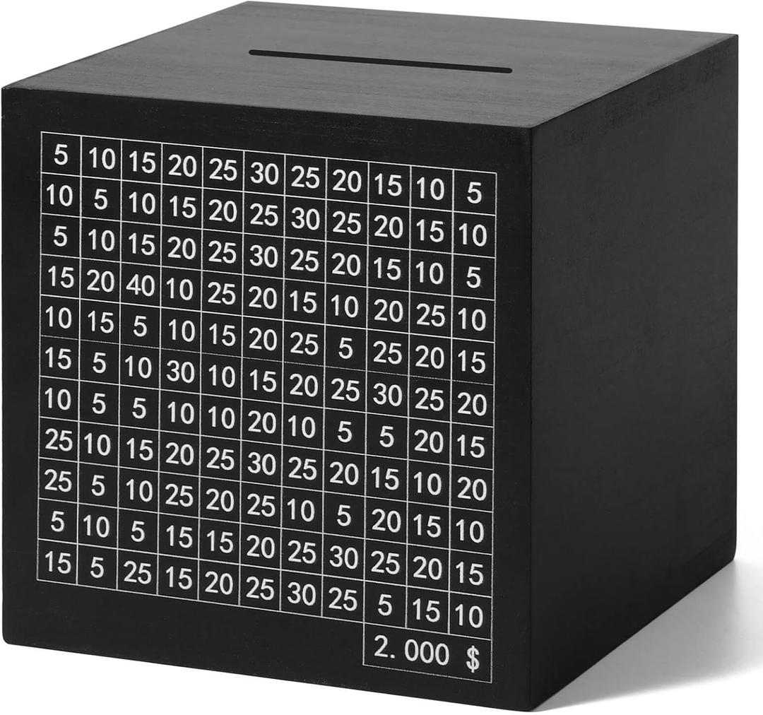 Wooden Savings Challenge Box for Adults Kids, Wood Coin Piggy Bnak, Must Break to Open Money Box with Counter (Black, 4.5inches)