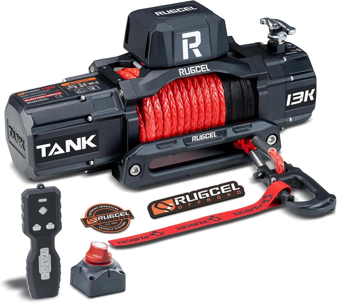 RUGCEL WINCH 13500lb Waterproof Electric Truck Winch 12V Synthetic Rope Winch with Hawse Fairlead,Wired Handle and 2 Wireless Remote,for Trailer and Wrangler in Car Lift