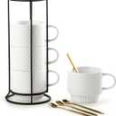 Gomakren Stackable Coffee Mugs Set with Stand, Coffee Cup with Tea Spoon 13 Ounce Cups for Cappuccino Coffee Drinks Tea Halloween, Set of 4, White Gift for Man Women 380ml