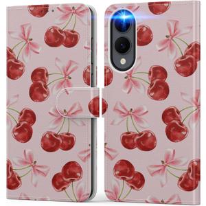 DEENAKIN for Samsung Galaxy S25 Edge Wallet Case with Card Holder + Cash Clip, RFID-Blocking, Military-Grade Drop Protection & UV-Printed Artwork, Magnetic Closure with Kickstand - Sweet Cherry Bow