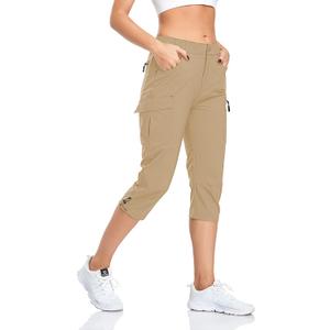 GymBrave Women's Hiking Cargo Pants Quick Dry Outdoor Camping Capris Water Resistant UPF 50 with Zipper Pockets Khaki, M