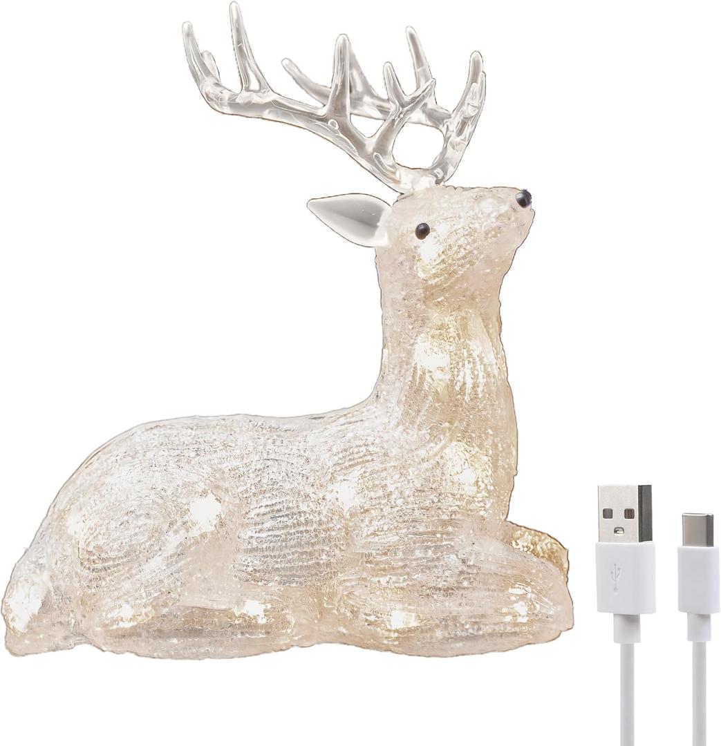 Gloworm YKL-1016, 21.5CM with Acrylic Figure Light Up Reindeer Lighting, 20 Warm White LEDs, 6H Timer Dual Power Supply USB or Battery: 3 x AAA (Not Included) Christmas/Home Decoration Indoor