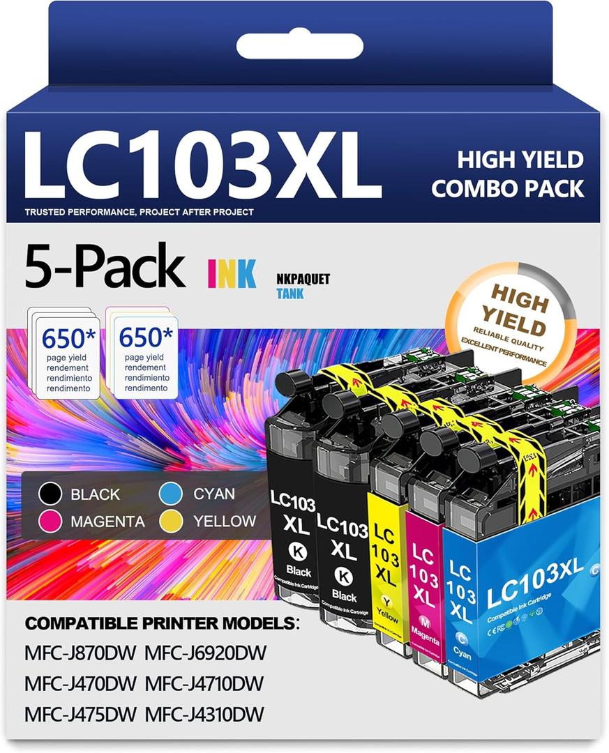 LC103XL LC103 103 Ink Cartridges High Yield Replacement for Brother LC103 XL LC103 LC101 Ink Work with MFC-J870DW MFC-J6920DW MFC-J6520DW MFC-J450DW MFC-J470DW(2 Black, 1 Cyan, 1 Magenta, 1 Yellow)
