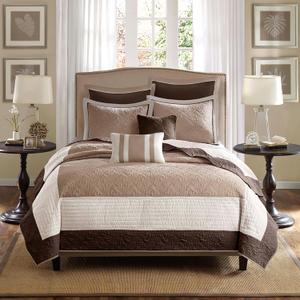 Madison Park Attingham Reversible Quilt Set - All Season Breathable Coverlet, Lightweight Cozy Bedding Layers, Matching Shams, Full/Queen(90"x90"), Beige Multi 7 Piece