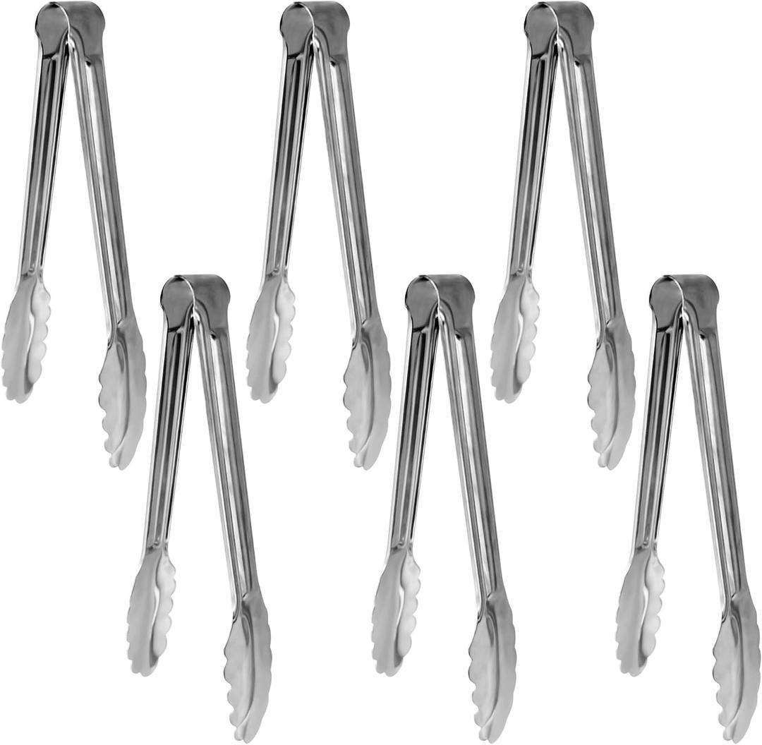 6 Pack 9 Inch Serving Tongs Gold Stainless Steel Kitchen Tongs,Non-Slip & Easy Grip Buffet Tongs, Gold Food Tongs for Salad, Ice, Cooking, Bread, Fruit,Barbecue (Silver/6 pcs)