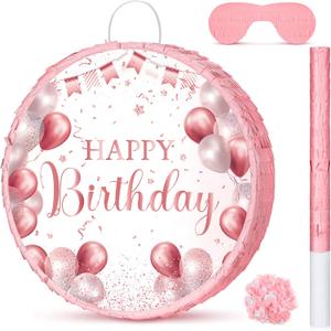Sinmoe Birthday Piata with Stick Blindfold and Confetti for Boys Girls Men Women Birthday Party Supplies(Rose Gold)