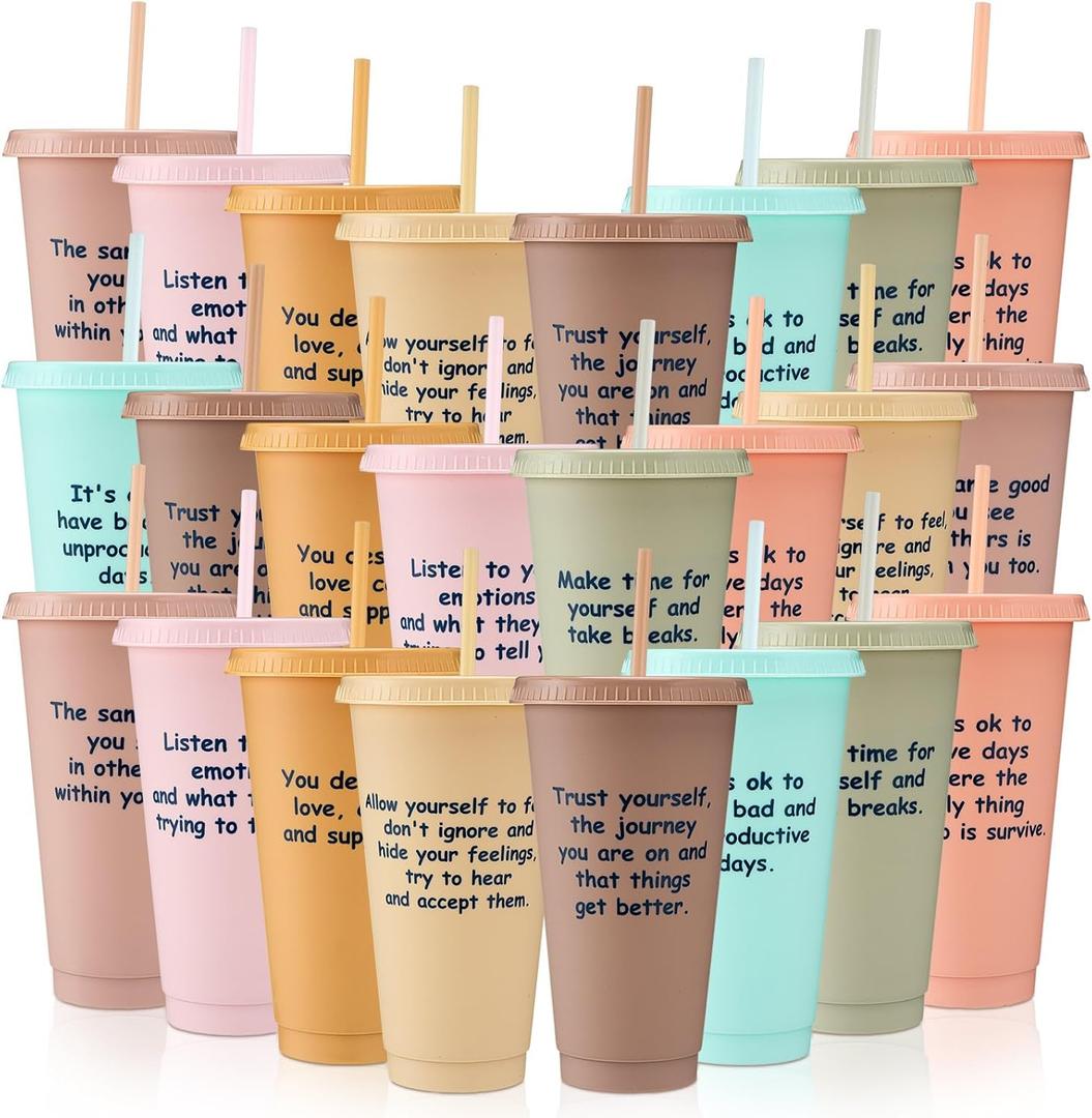 Skylety 32 Pcs Employee Appreciation Week Gift Bulk 24oz Inspirational Plastic Cup Tumbler with Straw Lid Staff Team Appreciation Gift Reusable Cup for Coworker Employees Volunteer 