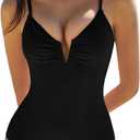 QINSEN Women's Spaghetti Strap V Neck One Piece Swimsuit Criss Cross Tie Back Bathing Suit (Medium, Black)