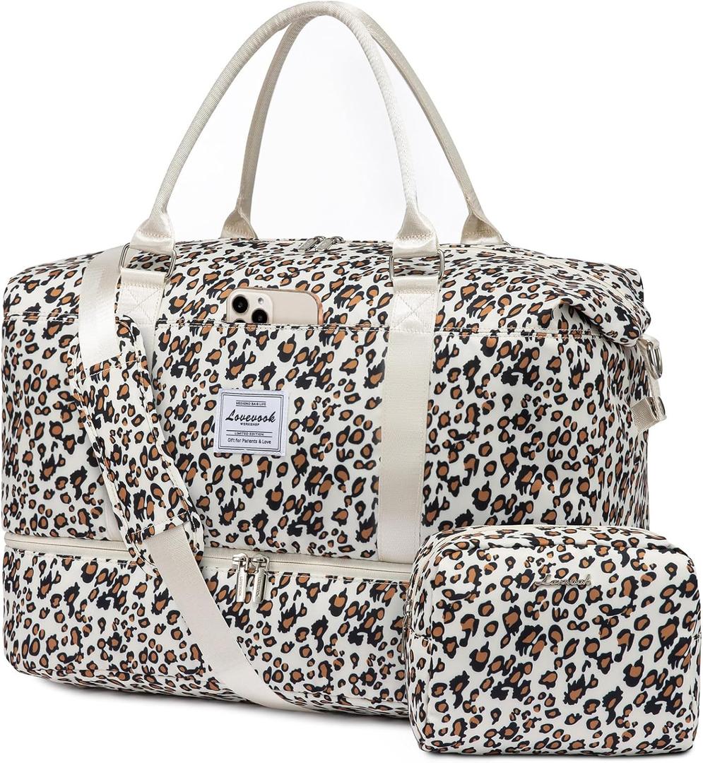 LOVEVOOK Travel Duffle Bag,Weekender Bags for Women with Shoe CompartmentCarry on Overnight Bag with Toiletry Bag,Gym Duffel Bag with Wet Pocket, Hospital Bags for Labor and Delivery (Large-2 Pcs, Leopard print)