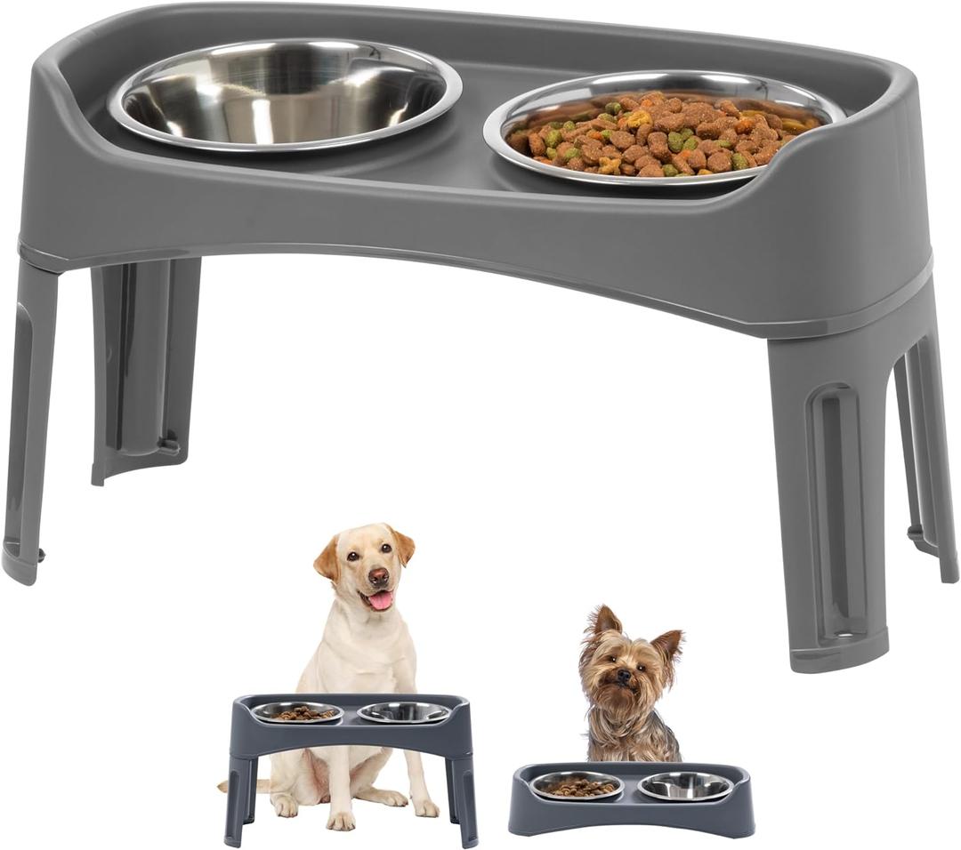 IRIS USA Elevated Dog Bowls Adjustable Stand, Raised Feeding Station with 2 Stainless Steel 64 oz Bowls, Spill Guard, Dual Height 12.25" or 4.63", Made in USA, Dark Gray