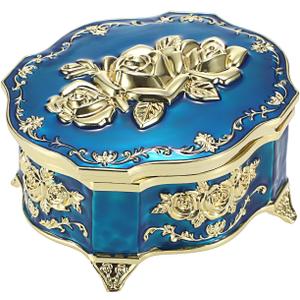 ELLDOO Vintage Music Box, Blue Metal Musical Jewelry Box Keepsake Box, Small Trinket Storage Organizer Jewelry Storage Box Gift for Girl Women (Tune: You are My Sunshine)