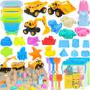 Beach Toys, 35Pcs Sand Toys with 3 Construction Vehicles, 3 Collapsible Beach Bucket, Sand Castle Building Kit, Sand Molds, Shovel Set, Mesh Bag, Travel Toys for Toddlers Kids Boys Girls