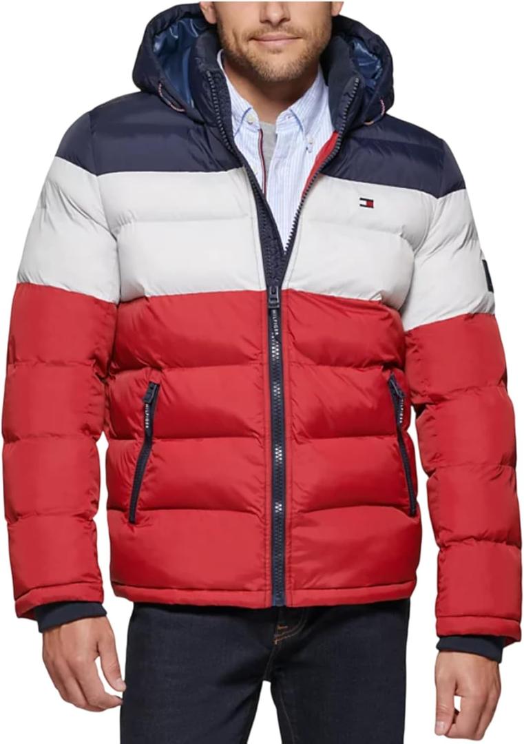 Tommy Hilfiger Men's Down Alternative Hooded Puffer Jacket (Standard and Big & Tall) (Midnight/White/Red)