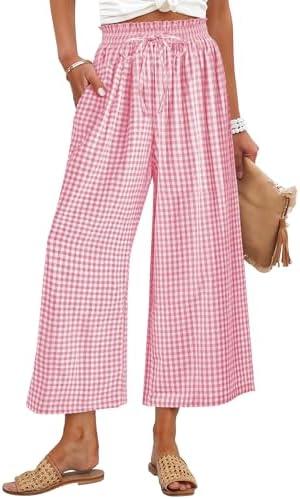 ANRABESS Womens Striped Gingham Palazzo Capri Pants Pajama Wide Leg Lounge Trousers Plaid Cute Crop PJ Bottoms with Pockets S