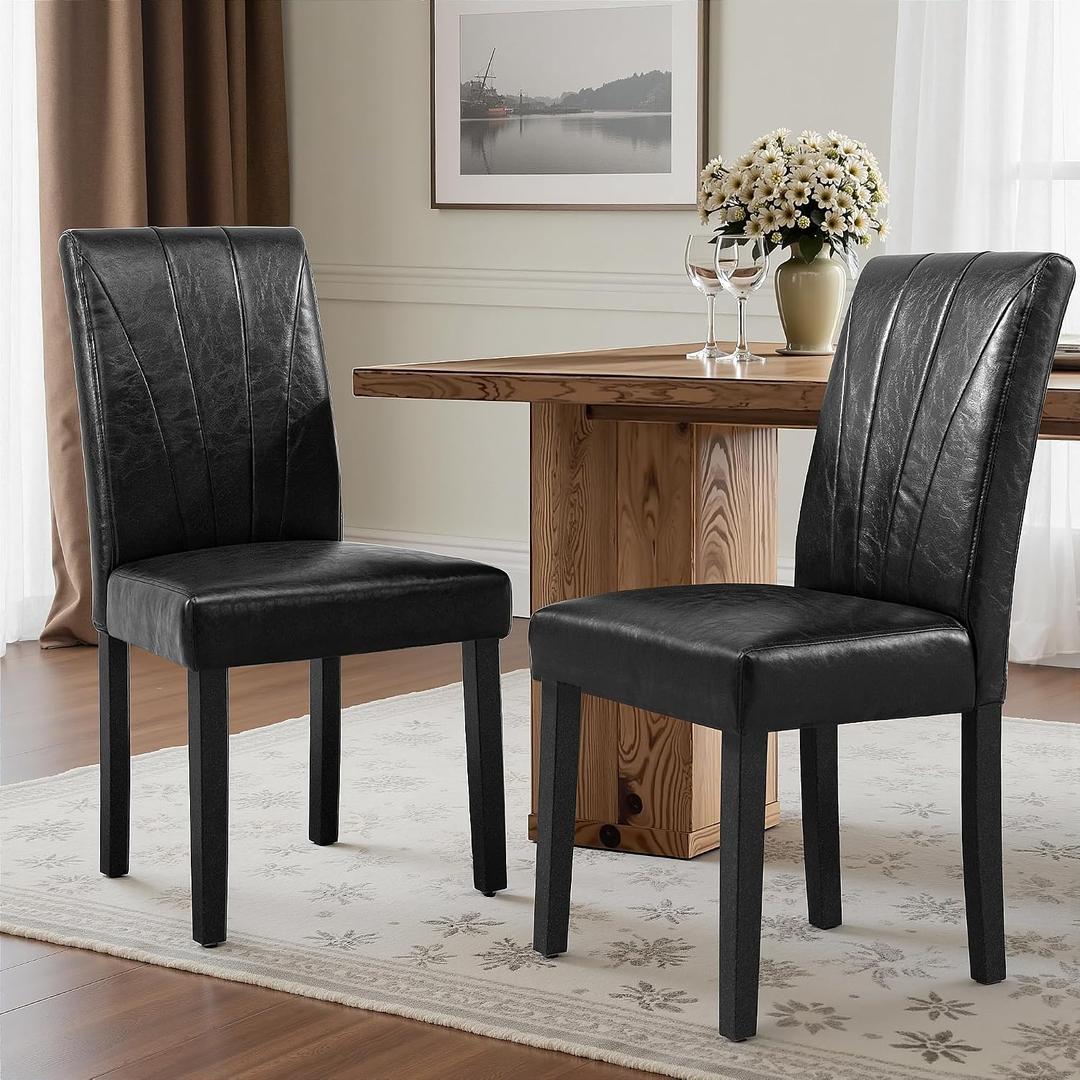 VECELO Upholstered Dining Chairs Set of 2, Modern PU Leather Dinning Room Chair with Solid Wood Legs and High Back, Parsons for Kitchen/Living Room- Black