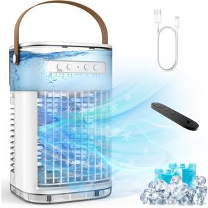 Portable Air Conditioners, 3-1 Mini Evaporative Air Cooler w/Remote, 1.2L Water Tank & 2 Ice Boxes, 7H Timer, USB Charging, 3 Speeds & 7 Color Lights, Personal Desktop Fan For Home Office Outdoors
