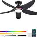46" Ceiling Fans with Lights Remote/APP Control, Low Profile Ceiling Fans with Dimmable White Colors+Ring RGB Lights, 6 Speeds 5 Reversible Curved Blades for Kids Room Bedroom Living Room Bar, Black RGB, 46 IN