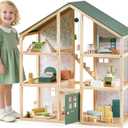 Tiny Land Wooden Dollhouse for Girls - 6 Rooms Wooden Doll House, DIY Pretend Doll House with 31Pcs Furniture Accessories, Creative Gift for Girl Ages 3+, Green