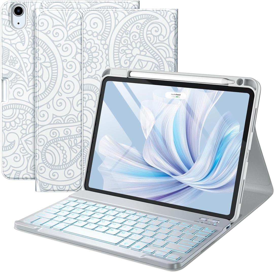 Harvopu Compatible for iPad Air 11-inch/Air 5th 4th Generation Case with Keyboard - Backlit Detachable, Folio Cover with Pencil Holder for iPad Air 11 Inch M4/M3/M2, Air 5/ Air 4 (Boho Off-White)