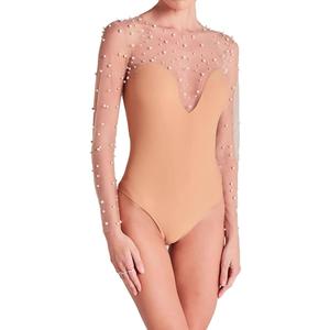 Mesh Pearl Top Sheer Bodysuit For Women Pearl Long Sleeve Bodysuit With Snap Crotch (Medium, Skin)