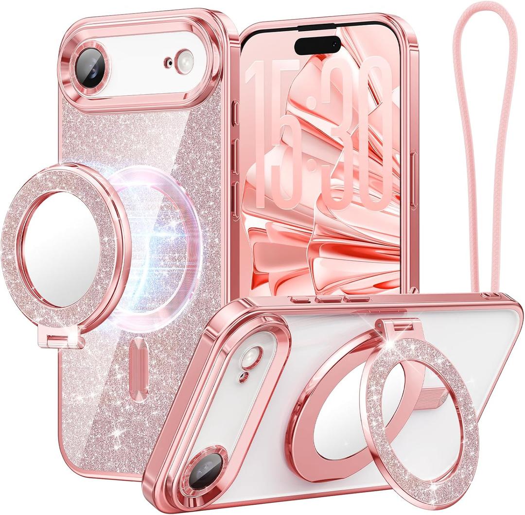 Meifigno Designed for iPhone Air Case with Ring Stand (6.5"), [Built-in Mirror] [Compatible with MagSafe] [Glitter Card & Wrist Strap] Removable Phone Stand +Designed for iPhone 17 Air Case, Rose Gold