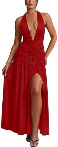 Ekaliy Women's Sexy Halter Deep V Neck Maxi Dress Sleeveless Backless High Slit Ruched Long Dress Summer Party Cocktail Dress XL