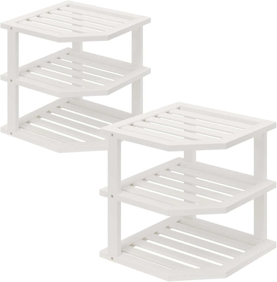 3 Tier Bamboo Corner Shelf(2 Pack),Dish Drying Rack,Plate Organizer,Kitchen Spice Rack for Countertop and Cabinet(White)