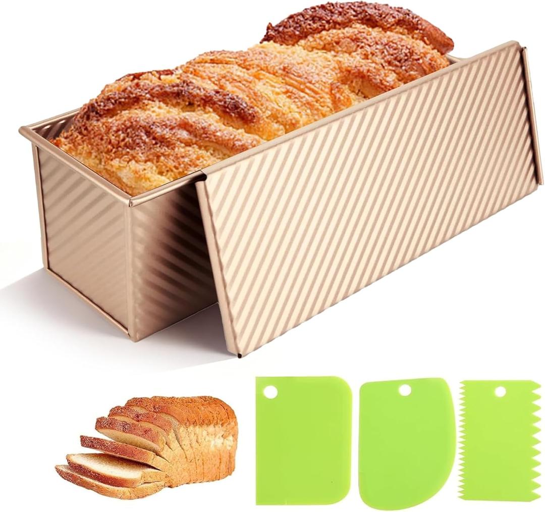2.2 Lb Pullman Loaf Pan with Lid, 13x4 Nonstick Carbon Steel Bread Pan for Sandwich & Sourdough, Rectangular Corrugated Toast Box Mold for Oven Baking, Heavy Duty Bakeware (Gold)