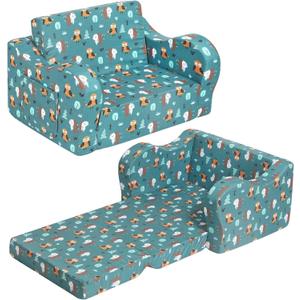 Kids Sofa, 2-in-1 Flip-Out Foam Couch, Foldable Soft Play Lounge Chair, Teal