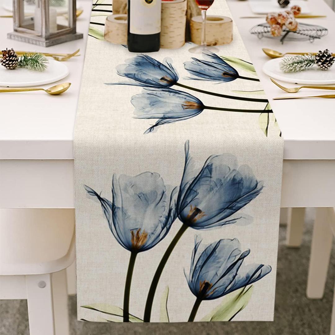 Floral Table Runner Mode Flowers Spring Summer Table Runner Seasonal Table Runners Boho Table Decoration for Kitchen Dining Home Party Decor 13x72 Inch, Tulip Blue