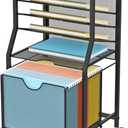 Rolling File Cart, 6-Tier Under Desk Organizer on Lockable Wheels, Brown Wood Planks & Mesh File Cart with Sliding Drawer and Paper Trays for Office Home School, 14.8" L x 11.8" D x 27.7" H (Brown Board)
