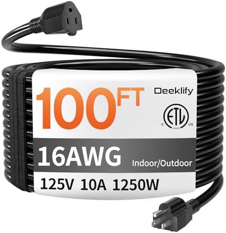 Deeklify 16/3 100 FT Black Outdoor Extension Cord Waterproof, Black 16 Gauge Extension Cord Flexible and Cold Resistant 3 Prong Grounded Plug,10Amp 1250W SJTW ETL Listed