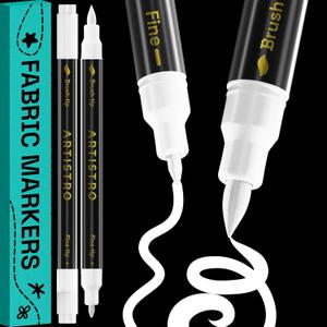 ARTISTRO 2 White Dual-Tip Fabric Markers - Fabric Decorating Kit - Permanent for Clothes - Acrylic Paint Pens for Sneakers, Bags, Shoes, Textile, Canvas, Sewing, Craft, DIY - Brush and Fine Tip