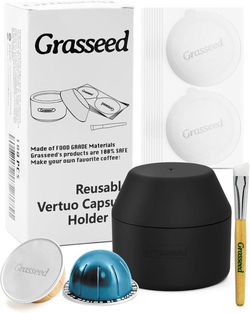 Grasseed Reusable VertuoLine Capsule Kit for Nespresso Pods with 100Pcs Aluminum Foil Seals Lids, Refillable Coffee Pods for VertuoLine to Refill Pods