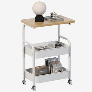 Rolling Cart with Wooden Tabletop 3-Tier Metal Utility Rolling Cart Storage Organizer with Lockable Wheels for Kitchen, Office, Bedroom