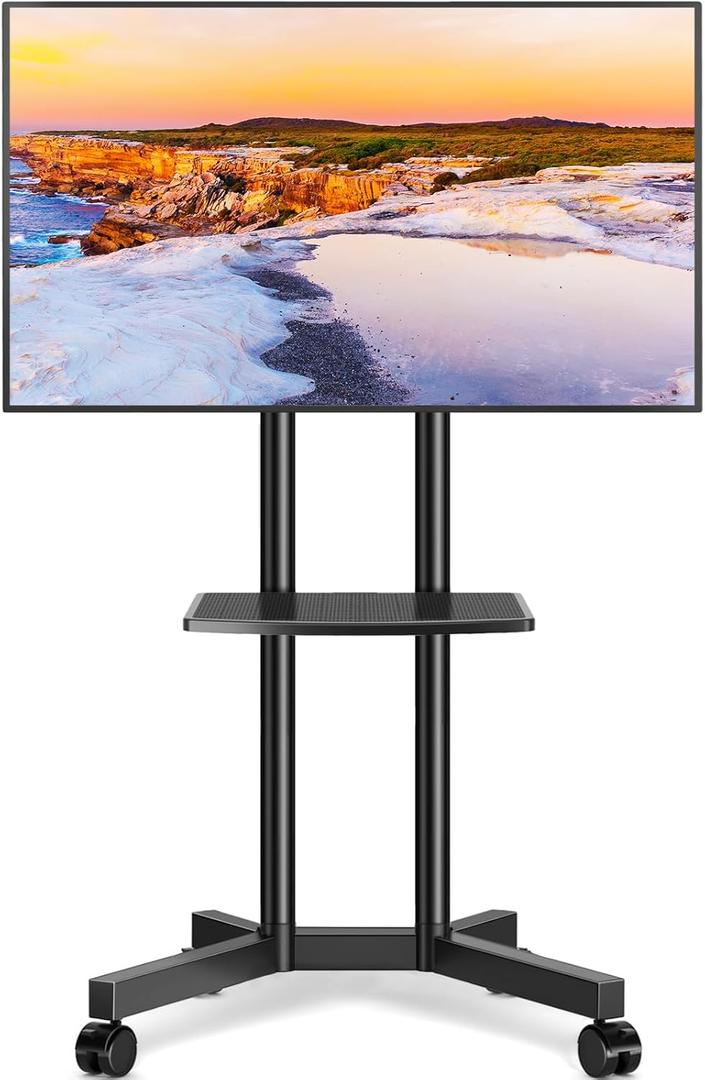 Mobile TV Stand with Upgraded Wheels for 32-75 Inch TVs up to 88 lbs, Height Adjustable Rolling TV Stand with Laptop Shelf, Mobile TV Cart with Heavy Duty Structure for Living Room, Patio, Office (Black)