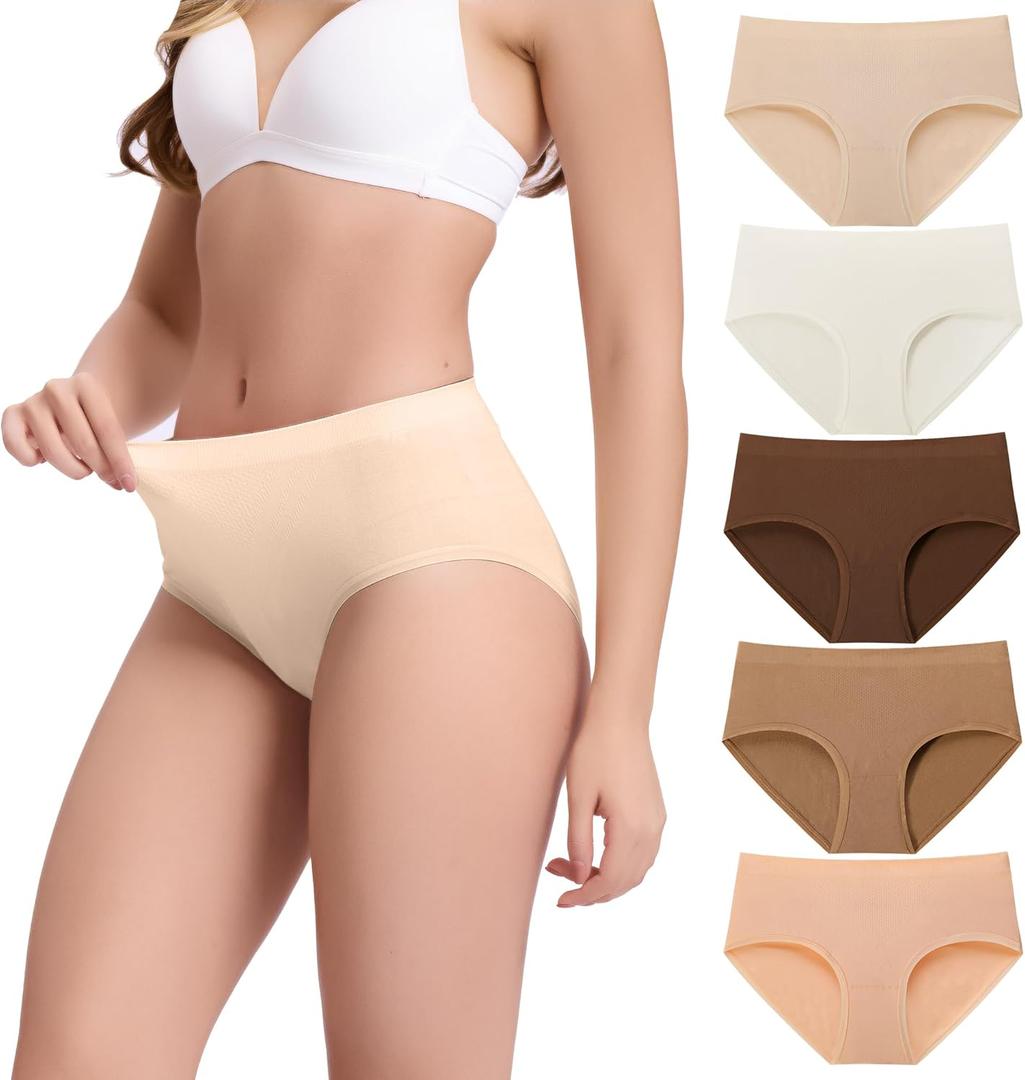 BAMBOO COOL Women's Underwear Mid Waisted Brief Ladies Seamless Panties Moisture Wicking Stretchy Full Coverage 5 Pack (Medium)